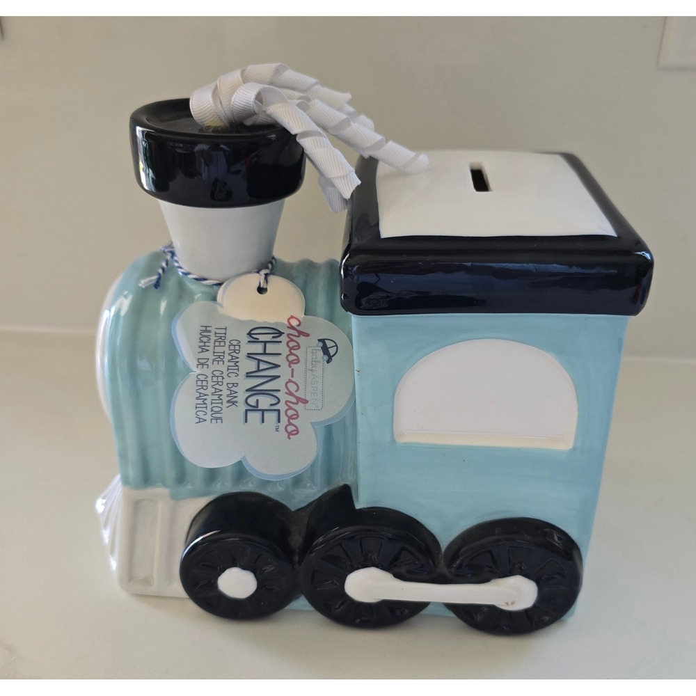 Baby‎ Aspen Choo-Choo Change Blue Ceramic Train Steam Engine Piggy Bank NWT
